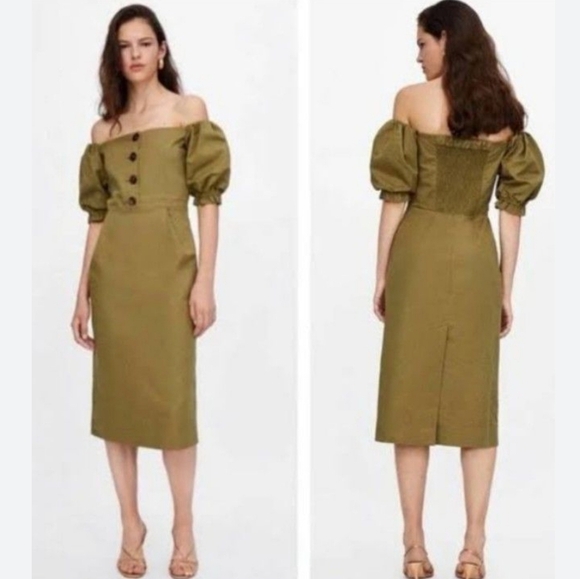 Zara Dresses & Skirts - Zara Khaki Off-Shoulder Puff Sleeve Dress